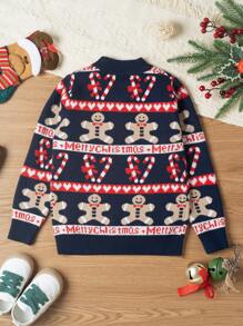 SHEIN Suéter Con Patrón Del Hombre De Jengibre De Navidad Y Bastón De Caramelo Para Niña Pequeña - Azul Marino - Ver 2