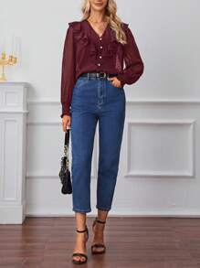 SHEIN Frenchy Swiss Dot Ruffle Trim Button Front Blouse Christmas - Burgundy - View 3