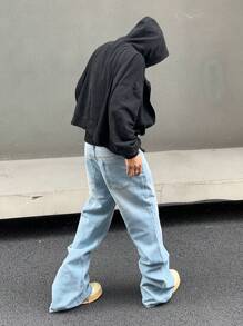 Manfinity Hypemode Men's Solid Color Wide Leg Denim Jeans With Slanted Pockets Baggy Long Washed Flare Jean Cargo Plain Light Blue Party Street Wear Rapper