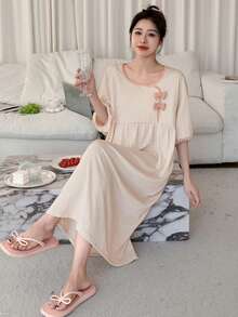 DAZY Women's Bow Decorated Contrast Color Collar Home Dress - Beige - View 4