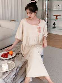 DAZY Women's Bow Decorated Contrast Color Collar Home Dress - Beige - View 9