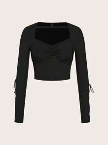 SHEINNeu 女士開衩及褶皺短款上衣 - 黑色 - 查看 1