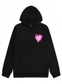 ROMWE MEN Street Life 男士連帽衫,具有心形印花 - 黑色 - 查看 1