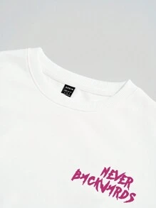 SHEIN EZwear 女性休閒口號印花寬鬆圓領厚款運動衫，秋冬季節款 - 白色 - 查看 3