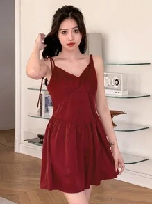 DAZY 女士提花材料細肩吊帶連體睡衣 - 酒紅色 - 查看 7