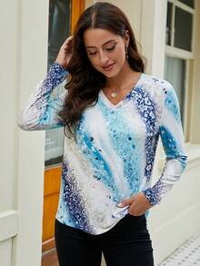 EMERY ROSE 女款 V 領全印花 T 卹 - 彩色 - 查看 3