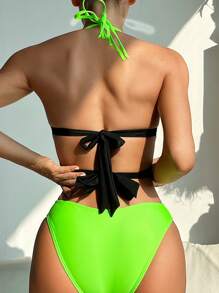 SHEIN Swim 女式夏季沙灘彩色拼接霓虹色連體泳衣，帶蝴蝶印花和頸掛式騎士設計 - 彩色 - 查看 2