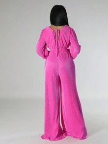 Women's Fashion Spring & Autumn Twist Back Tie Lantern Sleeve Wide Leg Jumpsuit - Hot Pink - View 2