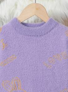 SHEIN Bé gái tuổi teen lông tơ Vòng cổ Áo len Với Thỏ & Mẫu chữ - Màu tím - Xem 3