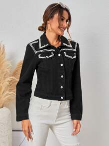 SHEIN Privé Pearl Embellished Denim Jacket - Black - View 1