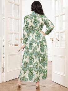 Elegant Stand Collar Floral Printed Shirt Dress With Belt For Women, Arabian Style
