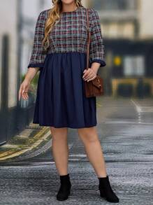 EMERY ROSE Plus Plaid Print Frill Trim Dress - Blue - View 5