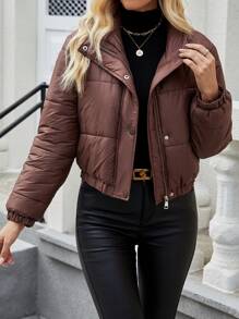 SHEIN LUNE Ladies' Zipper Front Padded Padded Coat Clothes Winter - Brown - View 6