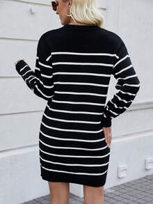 EMERY ROSE 女士條紋放肩毛衣 - 黑與白 - 查看 2