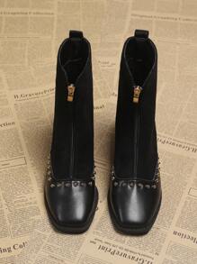 Của phụ nữ Phong cách Pháp Giày cao gót Giày ống Ankle , Mùa thu Và Mùa Đông 2023 Hàng mới đến , Dày Gót chân , Chóp giầy hình vuông , Dây kéo Khép kín , đinh tán Đồ trang trí - màu đen - Xem 7