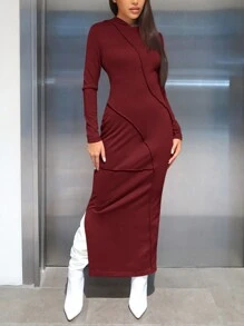 SHEIN ICON Viền mép Đầm có mũ - Màu Đỏ Sâu - Xem 4
