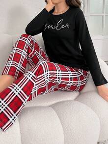 女士字母印花長袖格紋長褲家居服套裝 - 彩色 - 查看 3