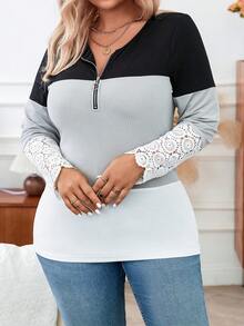 Calvaya Plus Size Lace Splice Color Block Long Sleeve T-shirt - Multicolor - View 4