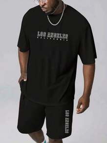 GENTILAND Men Plus Size Text Printed T-Shirt And Shorts Two-Piece Set - Black - View 1