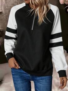 SHEIN LUNE 拼色半拉鍊 立領經編袖套運動衫 - 黑與白 - 查看 6