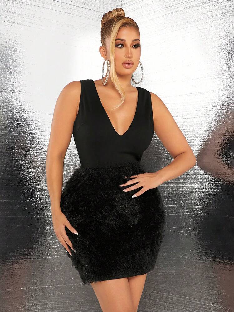 Women's V-neck Sleeveless Plush Mini Dress