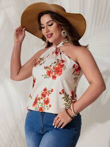 SHEIN VCAY Plus Size Flower Pattern Halter Neck Blouse - Multicolor - View 3