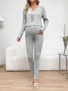 SHEIN 孕婦鈕扣前裝飾上衣,肋結束緊身衣和褲子3件套裝