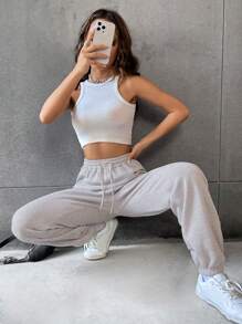 SHEIN Essnce Xám Viền kéo ra Quần Chạy bộ - trắng - Xem 1