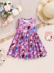 SHEIN 女嬰休閒可愛蛋糕圖案無袖連身裙 - 紫色 - 查看 1