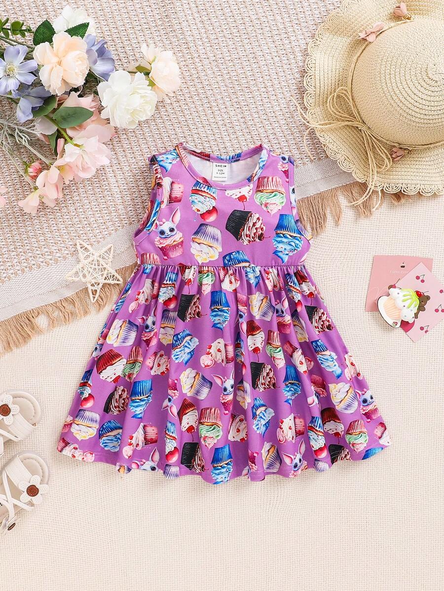 SHEIN 女嬰休閒可愛蛋糕圖案無袖連身裙 - 紫色 - 查看 1