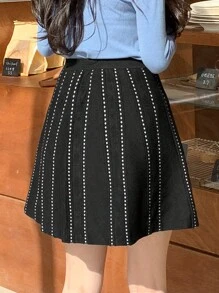 Dazy Star Rhinestone Detail Knit Skirt - Black - View 2