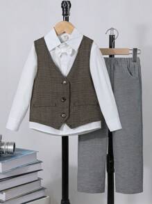 SHEIN Toddler Boys' Houndstooth Pattern Vest With Bowtie, Shirt And Pants Set - Khaki - View 1