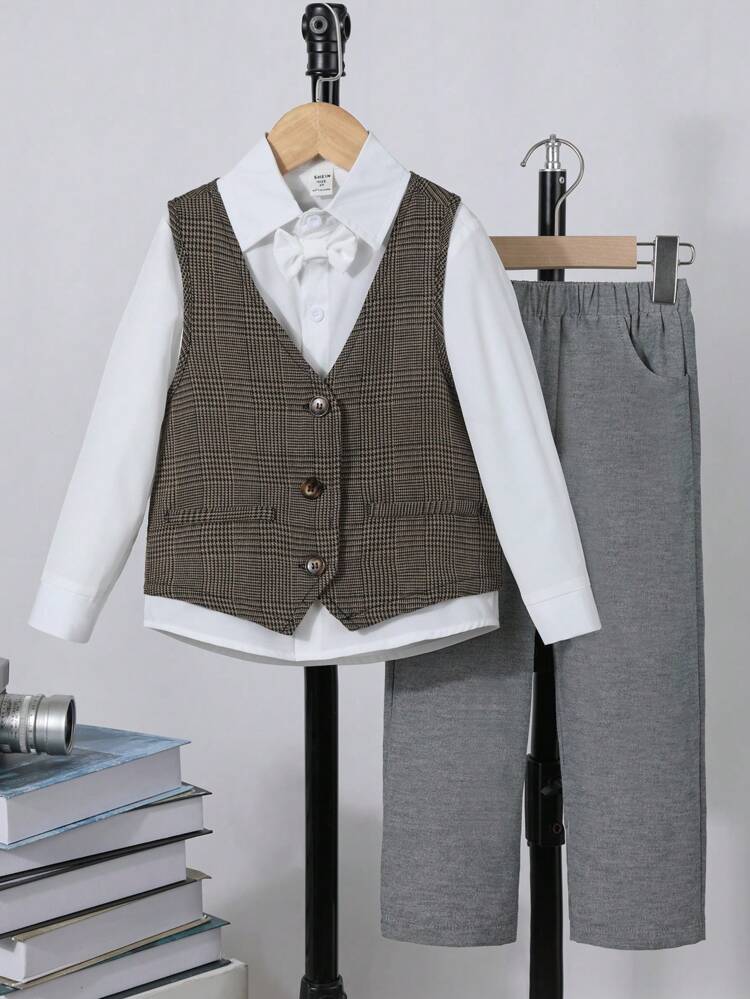 Toddler Boys' Houndstooth Pattern Vest With Bowtie, Shirt And Pants Set
