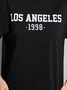 SHEIN Leap Crew 女孩針織純色字母印花落肩 T 恤和緊身褲套裝 - 黑色 - 查看 5