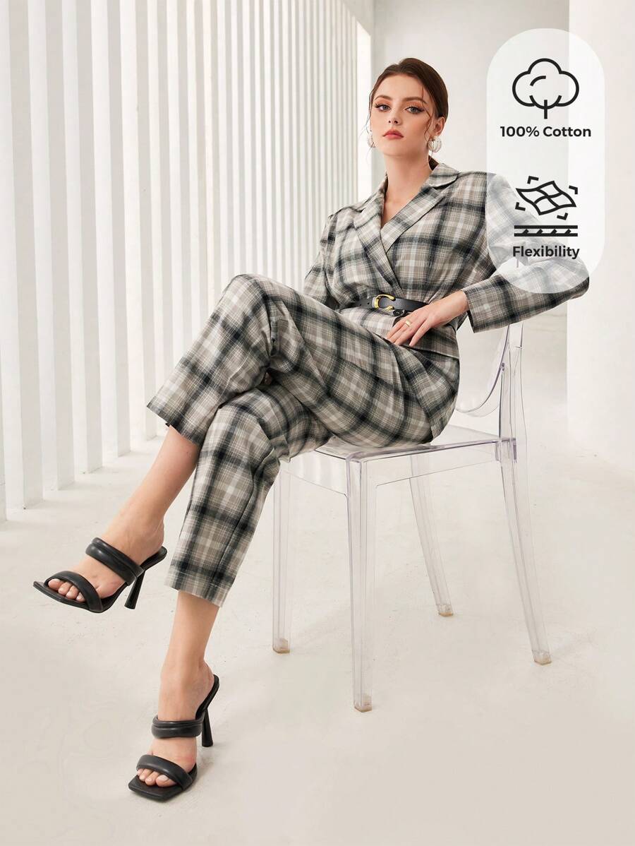 Seusyu 格紋印花西裝外套和褲子 - 灰色 - 查看 1