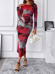 SHEIN Clasi Round Neck Floral Print Drawstring Waist Hollow Out Dress