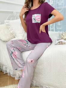 Floral Printed Short Sleeve Top And Long Pants Pajama Set - Purple - View 4