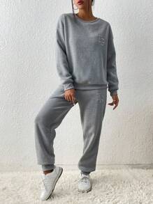 SHEIN Unity Women's Letter Embroidery Drop Shoulder Sweatshirt And Pants Set - Grey - View 6