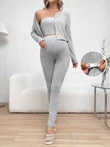 SHEIN 孕婦鈕扣前裝飾上衣,肋結束緊身衣和褲子3件套裝