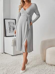 SHEIN Maternity V-Neck Wrap Front Side Knot Dress - Grey - View 1