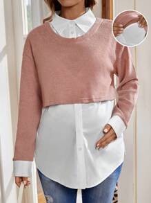 SHEIN Maternity Color Block Drop Shoulder Nursing Top - Pink - View 5