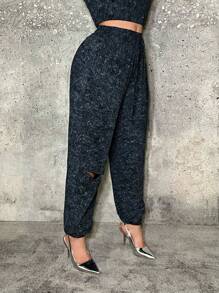 SHEIN SXY Joggers Con Cordón De Punto De Dos Tonos Para Mujer Con Detalles Desgastados Traje De Cumpleaños Ropa De Mujer De Primavera Vestido De Fiesta Vestido De Día De San Valentín Vestido De Noche De Cita Despedida De Soltera Trajes Sexy Club