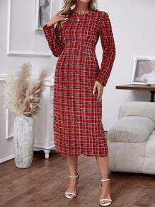 Chiquease Women's Checked Printed Long Sleeve Dress - Burgundy - View 6