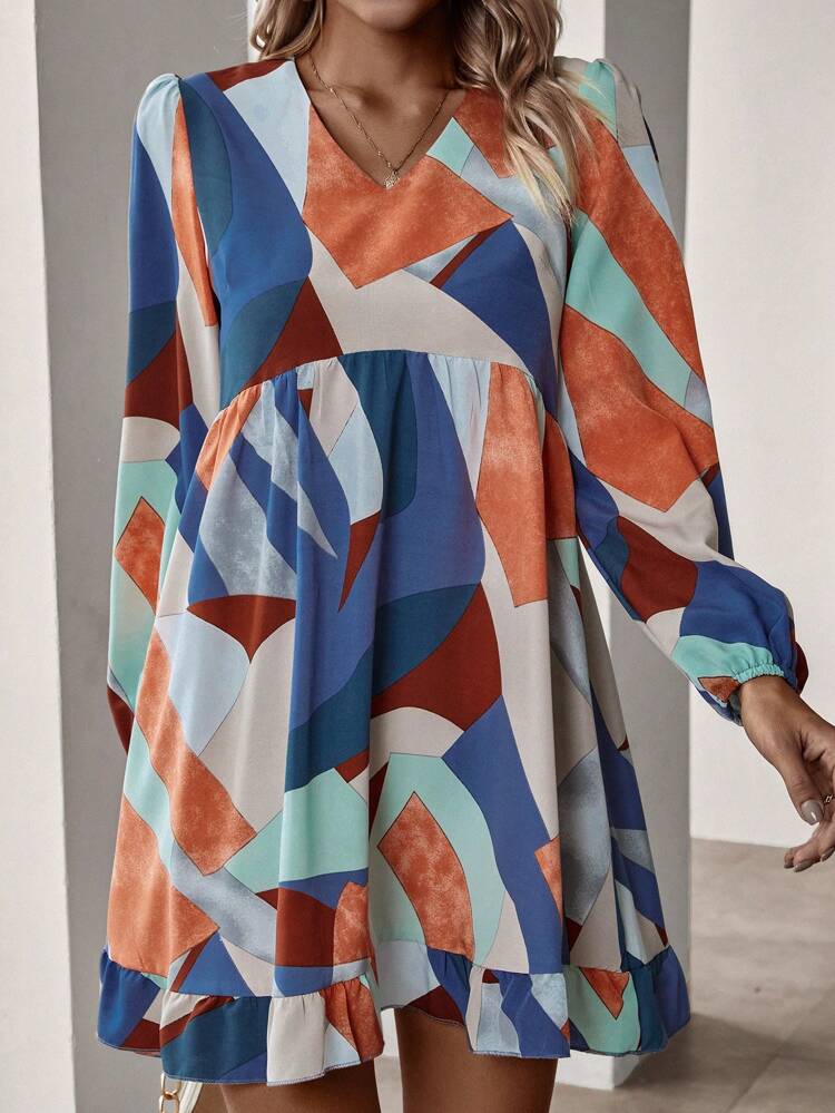 Women's Geometric Pattern Puff Sleeve Dress