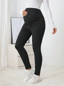 SHEIN Maternity Adjustable Waist Solid Skinny Jeans - Black - View 5