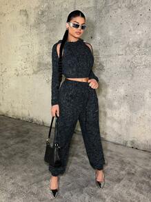 SHEIN SXY Joggers Con Cordón De Punto De Dos Tonos Para Mujer Con Detalles Desgastados Traje De Cumpleaños Ropa De Mujer De Primavera Vestido De Fiesta Vestido De Día De San Valentín Vestido De Noche De Cita Despedida De Soltera Trajes Sexy Club