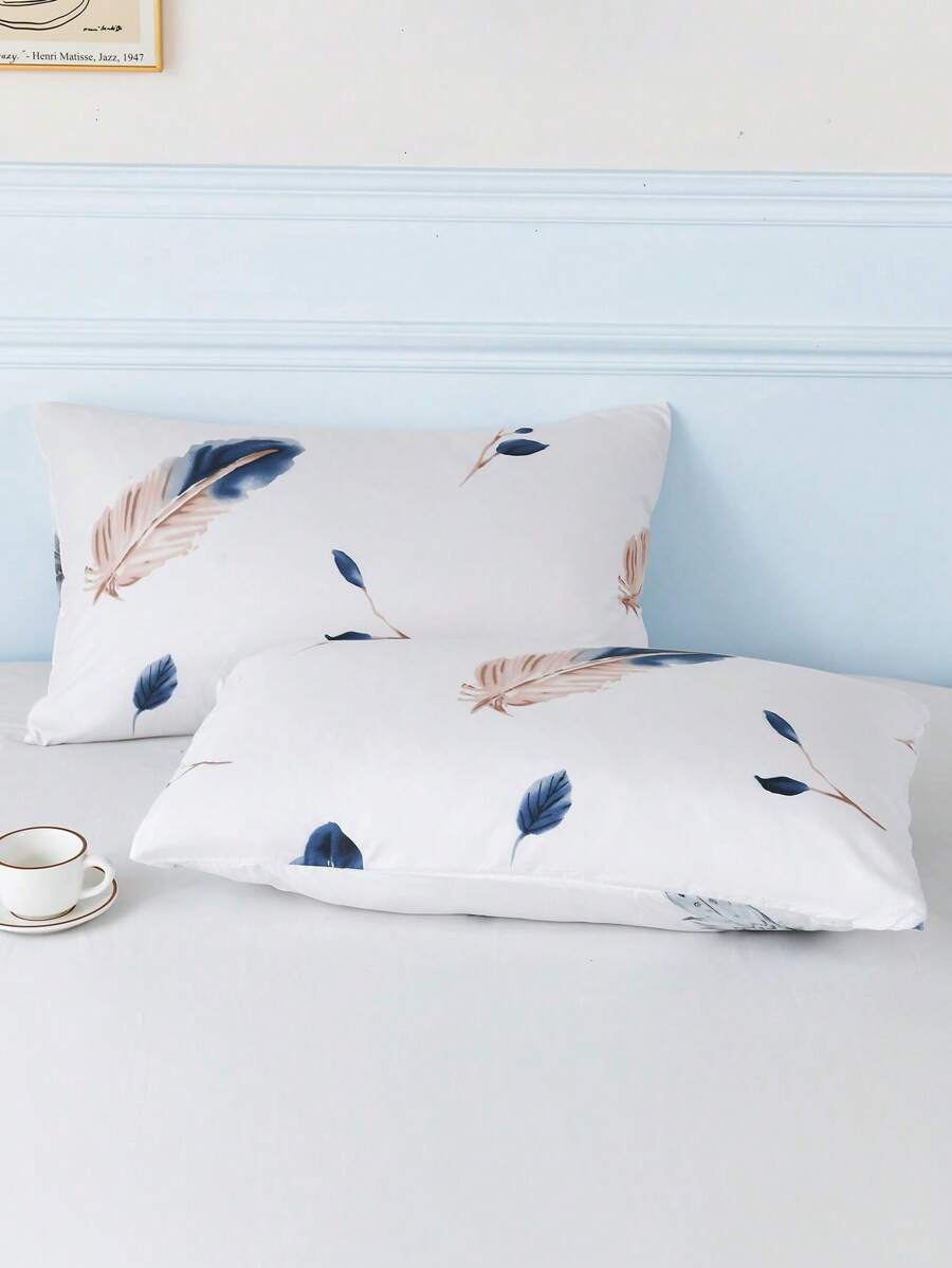 2入組水彩羽毛印花滌綸枕套合適適用於四季 - 彩色 - 查看 1