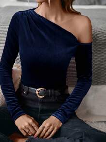 SHEIN Clasi Women's Asymmetrical Shoulder Velvet T-Shirt