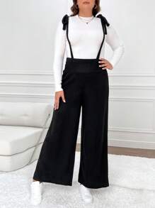 Calvaya Plus Size Women's Solid Color Knotted Shoulder Casual Suspenders Jumpsuit, Autumn/Winter - Black - View 4