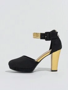 Women's High Heel Pumps With Woven Strap, Round Toe, Platform, Chunky Heel, Black, Elegant, Fashionable, Suitable For Formal Occasions - Black - View 4